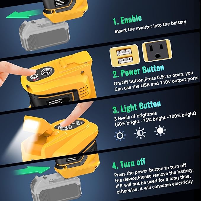 Ecarke 200W Portable Power Inverter Compatible with DeWALT 20V Battery, DC 20V to AC 110V Power Station with 1 AC Outlet, 2 USB, 1 Type-C & LED Light, for Outdoor Emergency Use (No Battery)