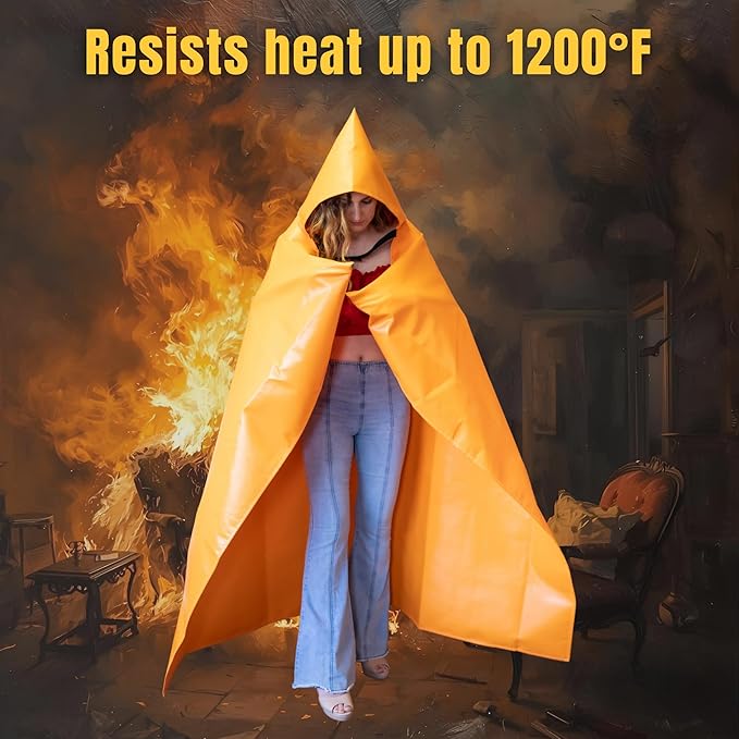 Fire Blanket -Certified 1200F Extra Thick, Glow In The Dark Fireproof Emergency Supplies. 500gsm, 0.5mm Thick Fire Blankets Emergency For Home. Emergency Blanket with Cape and Hood 47"x39" By Supa Ant