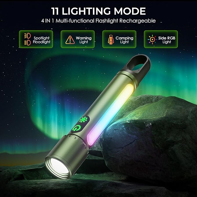 ADDplus Magnetic Flashlight Rechargeable,2000LM 5000mAh Flashlights High Lumens with 18 Modes,Waterproof, Adjustable,Powerful Flash Light,Multi-Flashlights for Home,Car,Hiking,Camping(1, Green)
