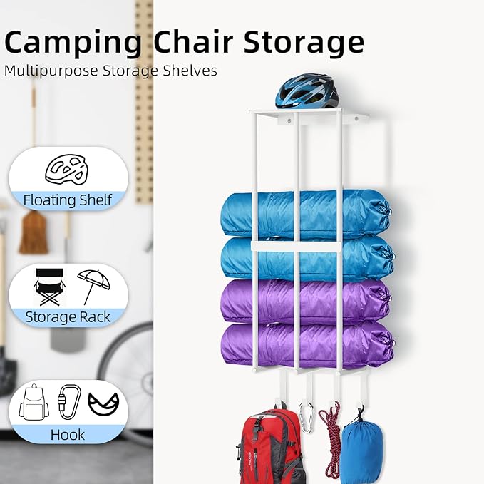 Camping Chair Wall Storage for Garage, Metal Camping Chair Storage Rack Wall Holder, Floating Shelf, 4 Hooks, Stainless Steel, Beach Chair Rack, Umbrella Holder, Garage Chair Organizer, White