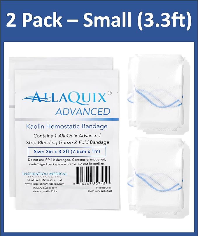 Advanced Kaolin Hemostatic Gauze – Z-Fold Sterile Clotting Bandage (3" x 3.3 ft, 2-Pack) | Stops Bleeding Fast for Emergency, Trauma, Tactical First Aid, IFAK, Survival, and Outdoor Kits
