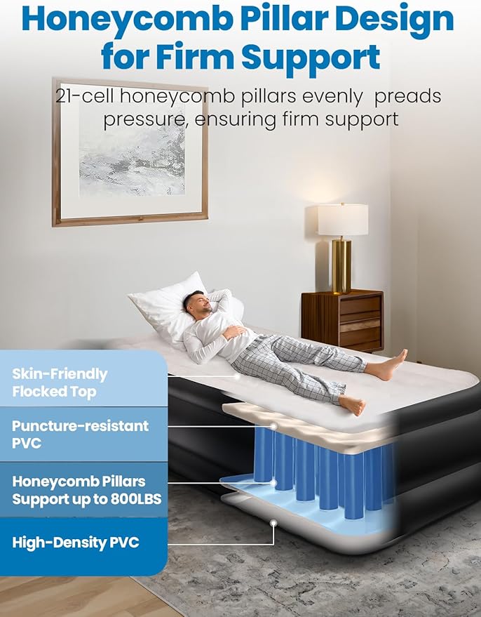 CHERIMOR Twin XL Air Mattress with Built-in Pump, 18" Raised Comfort, 80“ Length, 48Hr Leak-Proof Test, Upgraded Honeycomb Pillar Design, Supports 500 lbs, 2-Min Inflation for Home, Guests & Camping