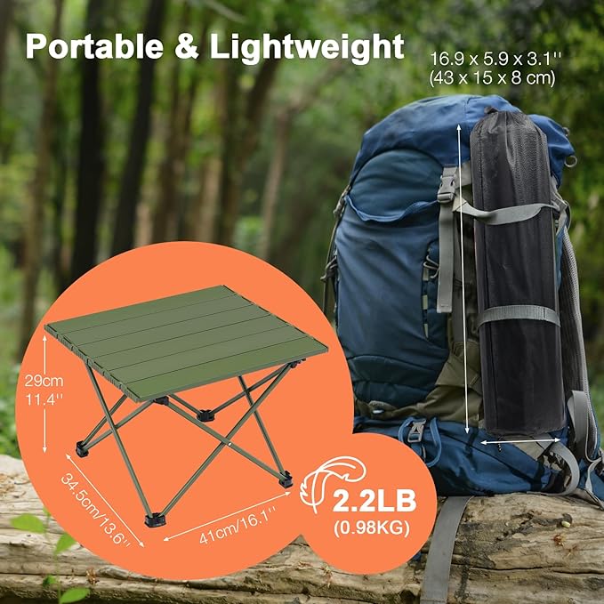 Small Folding Camping Table with Carry Bag, Portable Ultralight Compact Aluminum Beach Table, Foldable Mini Collapsible Camp Tables for Hiking Picnic Travel Cooking Outdoor, Green
