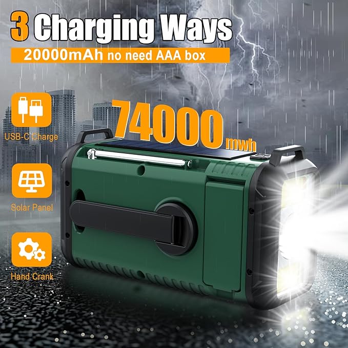 NOAA Weather Radio 20000mAh Battery Powered｜Solar Hand Crank Emergency Radio AM/FM｜USB-C Charger｜SOS Alarm｜Flashlight & Reading Lamp｜Hurricane Storm Power Outage Survival Emergencies (Green)