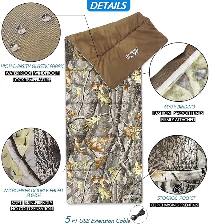 Heated Sleeping Bag pad, 3 Adjustable Temperature Levels, Operated by 5V/2A USB Power Supply(A-Woods, 76" x 24")