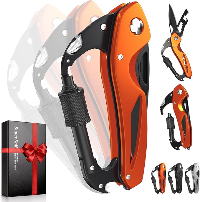 Carabiner Multitool 9-in-1 EDC Pocket Knife, Hexwrench, Saw, Screwdriver, Can Bottle Opener, Breaker, Buckle, Survival Gear for Camping Climbing, Gifts for Men Women, Stocking Stuffers