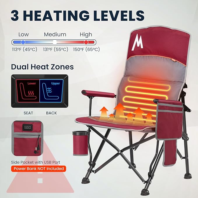 Overmont Heated Camping Chair with High Back - 3 Heat Levels 2-Zone Separately Heating - 450 LBS Support Heavy Duty Folding Chair Portable for Adults Patent No.: US D1.028.543S - Battery NOT Included