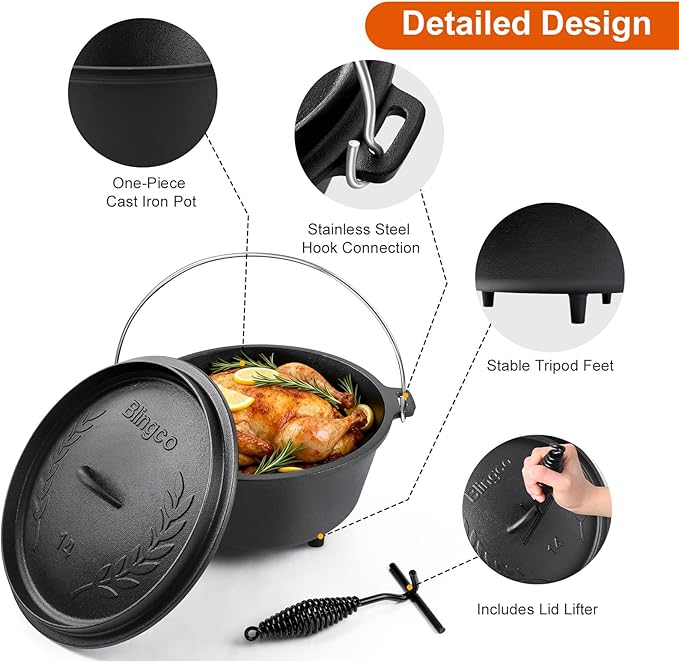10 QT Pre-Seasoned Cast Iron Camp Dutch Oven with Lid, Large Camping Dutch Oven Pot with Tripod Stand, incl. Lid Lifter - Dual Handles - for Outdoor Campfire, Grill, Oven&Stovetop Cooking - Black
