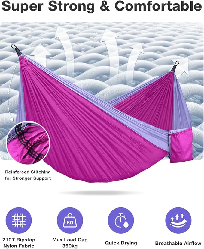 MOSFiATA Camping Hammock, Heavy Duty up to 700lbs with 2 Tree Straps and Attached Carry Bag Portable Outdoor Hammock for Backpacking Hiking Travel,Beach (Pink Purple)