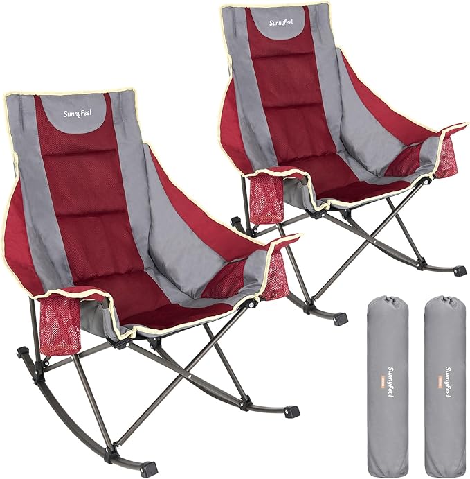 SUNNYFEEL Rocking Camping Chair 2 Pack Fully Padded Patio Folding Chair Portable Oversized Outdoor Rocker High Back Lawn Recliner with Side Pocket Camp Rocker Chairs for Adults Heavy Duty 500 LBS Red
