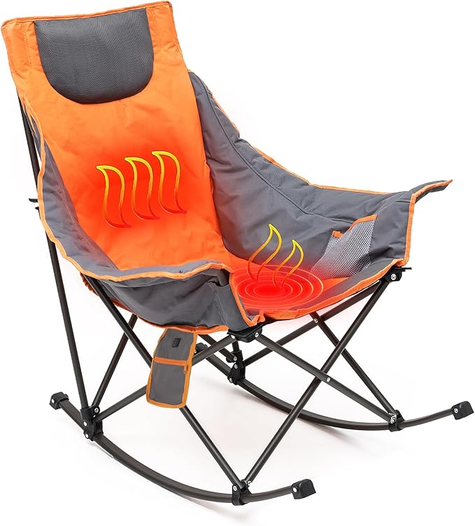 SUNNYFEEL Oversized Heated Rocking Camping Chair, Fully Padded Patio Chair with Side Pocket, High Back Portable Lawn Recliner with Carry Bag, Outdoor Rocker Camp Chair for Adults Heavy Duty 500 LBS