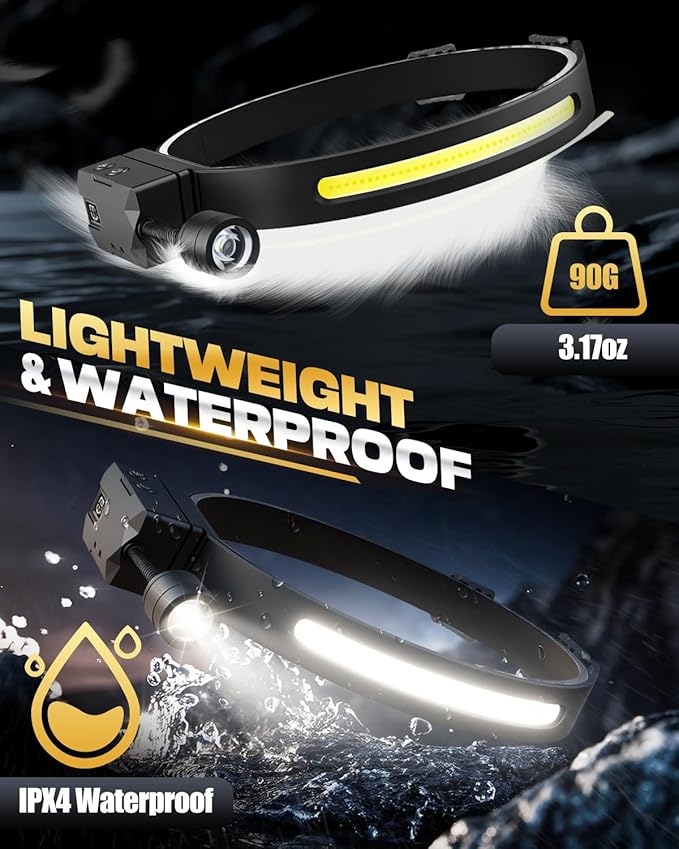 Headlamp Rechargeable 2 Pack, Detachable 230° Wide Beam LED 2 in 1 Head Lamps with Motion Sensor, Hard Hat Head Lamp for Adults, 7 Modes Headlight for Mechanics, Hiking, Outdoor Work