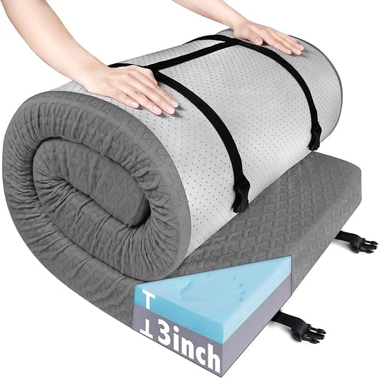 Memory Foam Camping Mattress Pad 3 Inch Thick, Portable Sleeping Pad with Waterproof Cover, Portable Roll Up Cot Mattress Pad Floor Mat for Travel Truck Bed Tent 72" x 24"x 3"