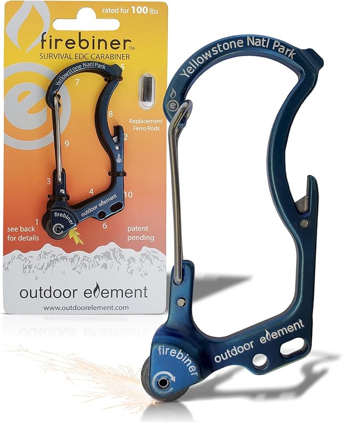 OUTDOOR ELEMENT Firebiner Custom Engraved 6-in-1 Fire Starter Carabiner Multitool – Survival Gear EDC Keychain with Utility Blade, Bottle Opener, Screwdriver, Emergency Tool