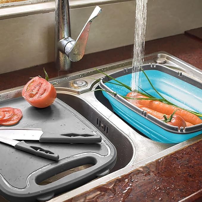Gintan Collapsible Camping Cutting Board, 9-in-1 Chopping Board with Colander, Kitchen Vegetable Washing Basket for Camping, Camping Gifts Camping Accessories for RV Campers (Blue+Grey)