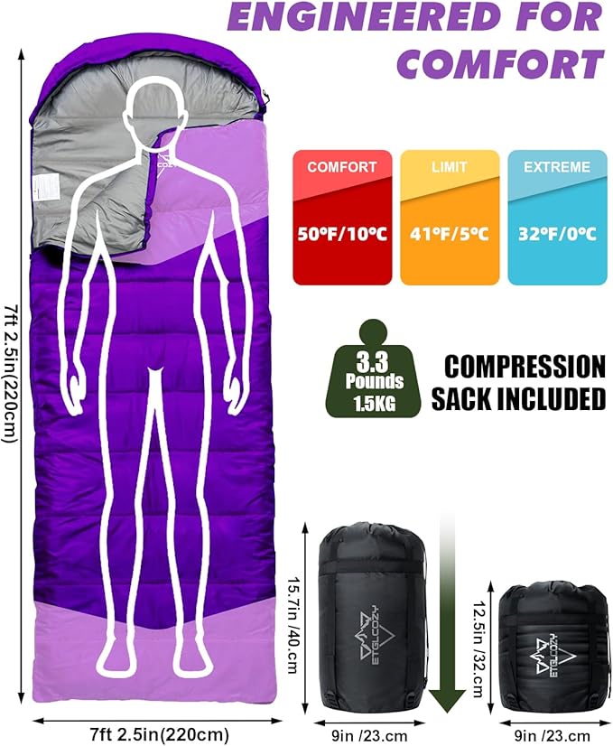 Lightweight 3-Season Sleeping Bag for Adults/Kids Camping, Compact w/Compression Sack, Waterproof Ripstop, Portable for Backpacking Hiking Travel