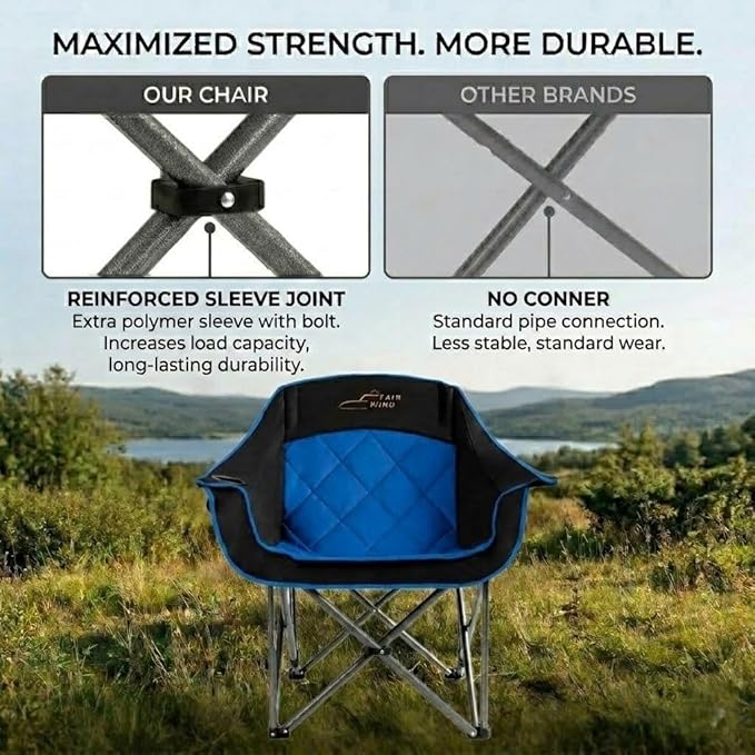 FAIR WIND Oversized Padded Camping Chair Heavy Duty Quad Fold Arm Chair Portable for Outdoor - Support 500LBS, Blue