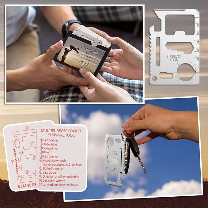 10 Pcs Faithful Father 11 in 1 Stainless Steel Credit Card Multitool Father's Day Gifts Survival Wallet Tool Bible Verse Joshua 24: 15 Pocket Tool Set for Men Church Prizes Party Favor