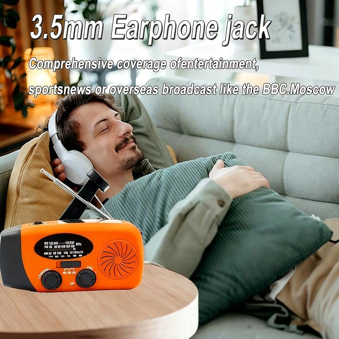 Emergency Weather Radio, 2000mAh Solar Hand Crank Portable AM/FM NOAA Radio, Battery Powered with Cell Phone Charger, LED Flashlight, SOS Alarm for Camping & Home Emergencies (Orange)