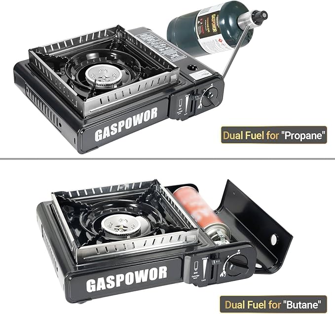 Propane or Butane Stove Dual Fuel Stove Portable Camping Stove, 10,000 BTU Butane Propane Stove with Carrying Case&Windblocker, Automatic Ignition for Emergency Preparedness Kit (Fuel Not Included)