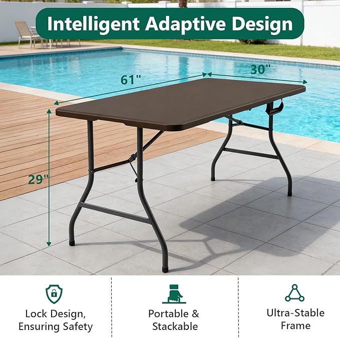 Folding Table, 5FT Foldable Picnic Table with Carrying Handle, Heavy Duty Fold-in-Half Portable Table for Weddings, Camping, RV Travel, Parties, BBQs, and Indoor Use, Easy to Fold and Store, Brown