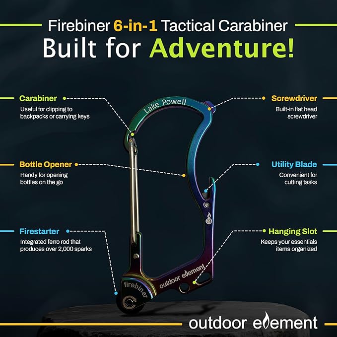 OUTDOOR ELEMENT Firebiner Custom Engraved 6-in-1 Fire Starter Carabiner Multitool – Survival Gear EDC Keychain with Utility Blade, Bottle Opener, Screwdriver, Emergency Tool