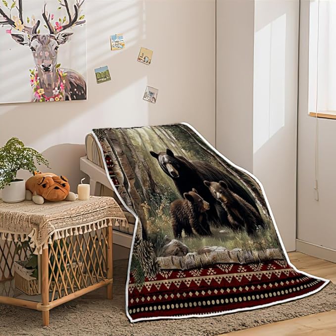 Torich Cabin Throw Blankets, Rustic Farmhouse Hunting Deer Bear Sports Cozy Warm Bed Couch Blanket, Country Wooden Hunting Camping Forest White Fleece Flannel Throws to Decorate The Room and Bedroom