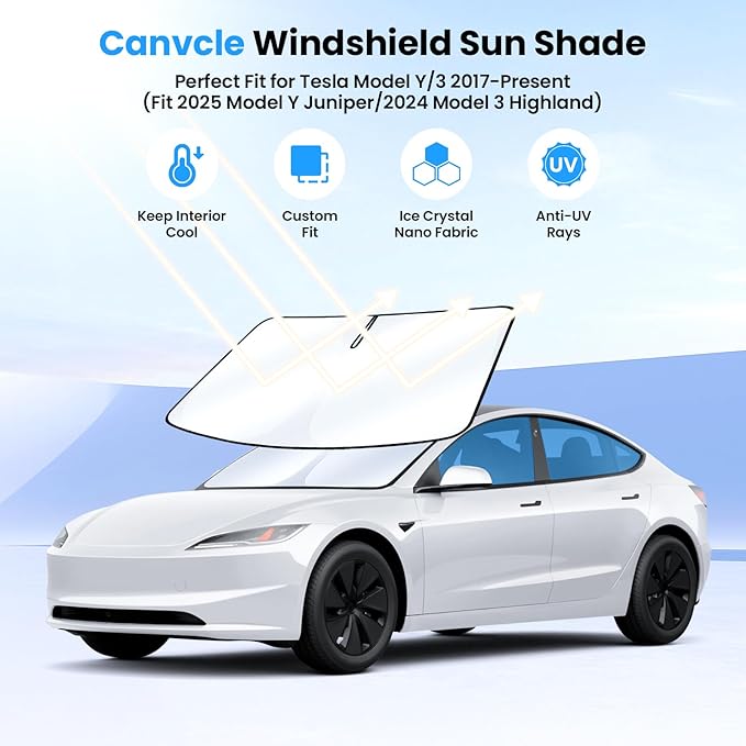 Canvcle Windshield Sun Shade for 2017-2025 2026 Tesla Model Y/3 Accessories (Fit 2025 Model Y Juniper/2024 Model 3 Highland) Double-Layer Front Window Sunshade Sun Visor Block UV Rays Keep Car Cool