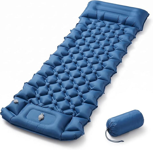 Sleeping Pad, 4” Thick Backpacking Sleeping Pad with Built-in Foot Pump & Pillow, Ultralight Self Inflating Camping Air Mattress Mat for Hiking, Tent,Travel Gear (Blue)
