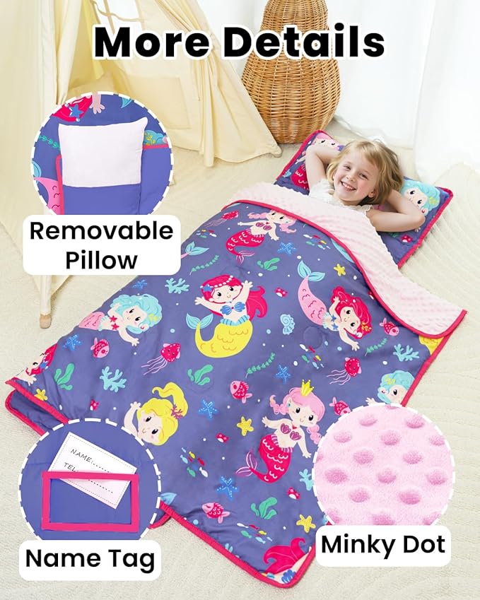 Primlect Toddler Nap Mat with Detachable Blanket and Removable Pillow, Kids Sleeping Bag 55''x35'' for Daycare Preschool Kindergarten, Toddler Sleeping Mat for Boys and Girls