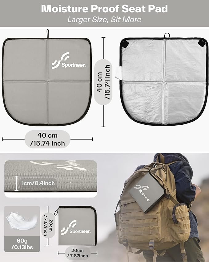 Sportneer Sitting Pad, Lightweight Waterproof Folding Seat Pad for Backpacking, 15.75'' x 15.75'' Portable Camping Seat Mat for Hiking, Picnics & Outdoor Use
