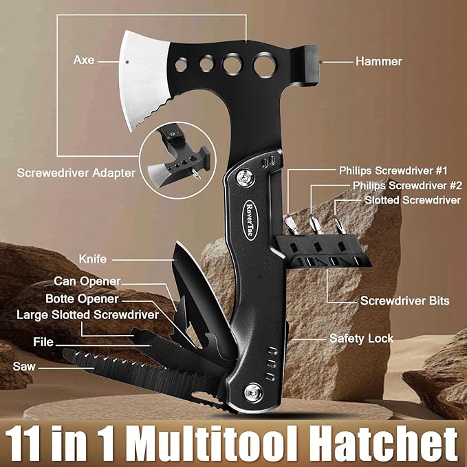 RoverTac Camping Gear Survival Tools Kit Multi Tool Set, 11-in-1 Multitool Axe, High Lumen LED Flashlight, Pocket Knife - Perfect for Camping Survival Hiking Fishing, Tools Gifts for Men.