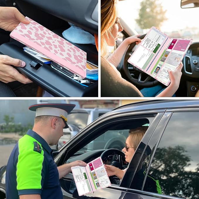 Car Registration and Insurance Holder, with Magnetic Closure for License, Cards and Documents, All Vehicle Needs and Car Accessories (Cow-Pink)