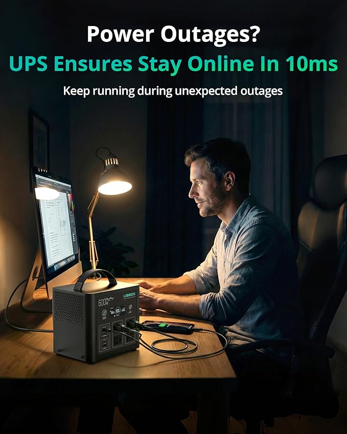 LIBRIDS Portable Power Station, 600W Solar Generator (1200W Surge), 640Wh LiFePO4 Battery, 1.5H Fast Charge, 10ms UPS, 8 Ports(4 AC) for Camping, Home Backup & Outages - Black