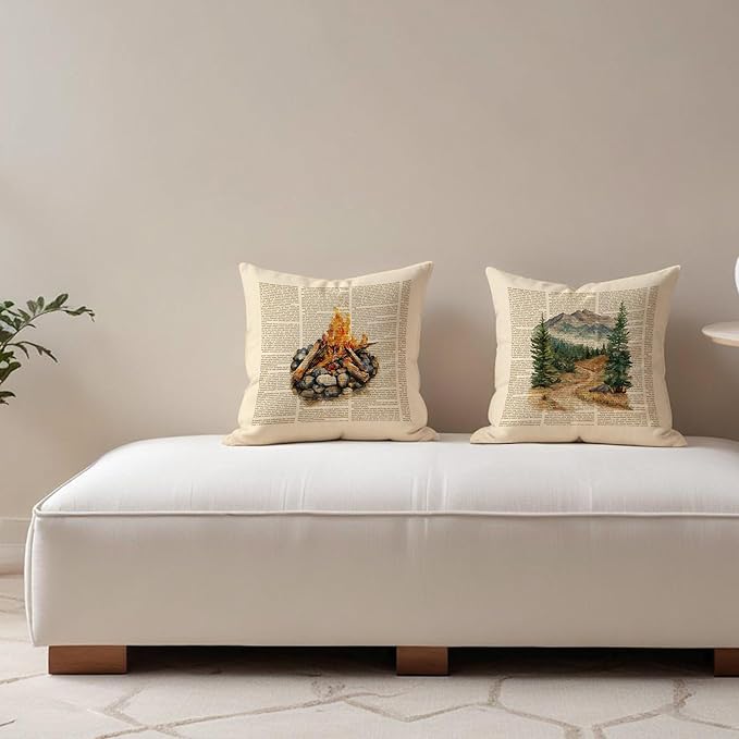 Nature Adventure Camping Pillow Covers 18x18 Set of 2, Gifts for Hiking Camping Lovers, Vintage Campfire Mountain Decorative Throw Pillow Covers for Couch Sofa Bedroom Living Room Home