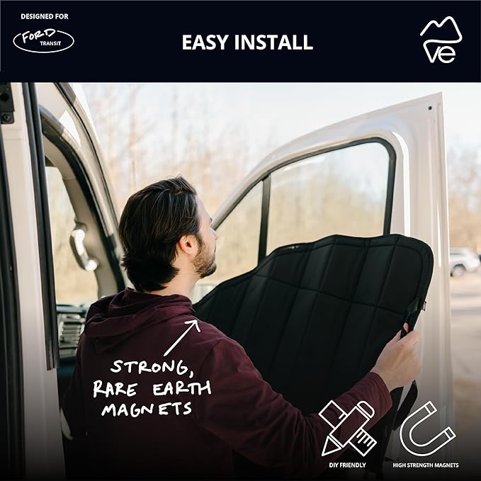 VanEssential Insulated Reflective Blackout Window Covers Designed for Ford Transit High/Medium Roof Front Door Windows (Pair) - Black Reflective