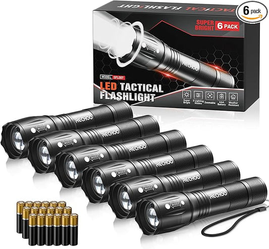 RECHOO 6Pack LED Flashlight, Bright Small Flashlights High Lumens with 3 Modes, Pocket Mini Flashlight Battery Powered, Flash Light Adjustable Focus, Waterproof Flashlights for Home Emergency Camping