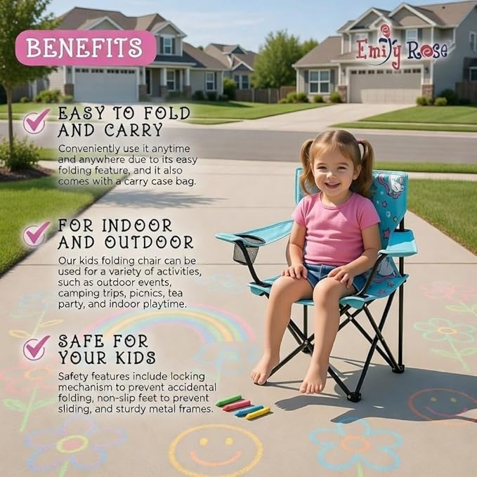 Emily Rose Sea Unicorns Kids Folding Camp Chair – Lightweight Portable Toddler Beach Chair Ages 2-7 with Safety Lock, Cup Holder & Carry Case, 125 lb Capacity for Girls Outdoor Adventures