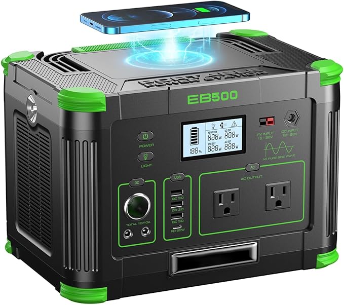 500W Portable Power Station 512Wh, Solar Generator with 60W USB-C PD Output, Built-in BMS 110V Pure Sine Wave AC Outlet Backup Lithium Battery for Outdoors Camping Travel Emergency (Peak 1000W)