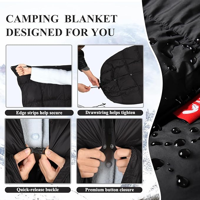 MOOX Down Camping Blanket - Packable Down Camping Quilt Backpacking Lightweight Waterproof Outdoor Hiking Stadium Warm Puffy Sleeping Bag 55"x79" Water Resistant Camp Travel Blanket, Black