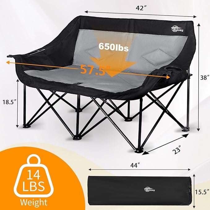 Bolosy 2 Person Camping Chair Camping Loveseat Oversized Double Folding Camping Chair Heavy Duty Two Person Camp Chair Love Seat Dou Chairs Sport Lawn Chair for Adults - Support 650 lbs - Black