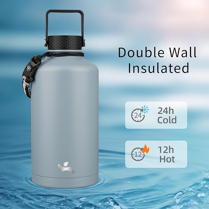 Konokyo Insulated Water Bottle with Straw,87 oz 3 Lids Water Jug with Carrying Bag,Paracord Handle,Double Wall Vacuum Stainless Steel Metal Flask,Storm Blue