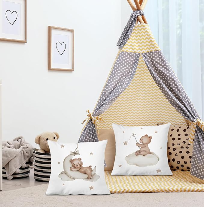SPBL&L Baby Bear Pillow Covers 18x18, Bear Nursery Decor, Woodland Animals Nursery Decor for Boys Girls, Cute Baby Bear Moon Decorative Pillow Covers for Toddler Kids Room Playroom Nursery, Set of 2