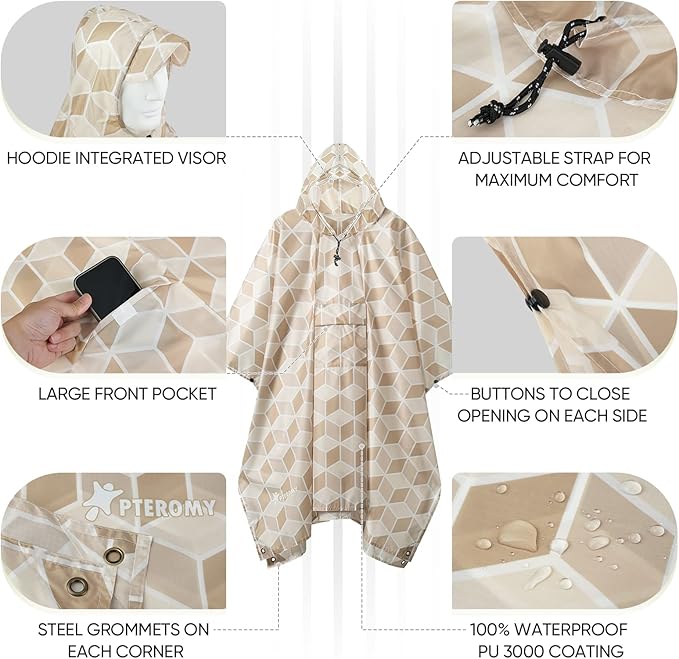 PTEROMY 3-in-1 Hooded Rain Poncho for Adult with Pocket, Waterproof Lightweight Unisex Raincoat for Hiking Camping Emergency