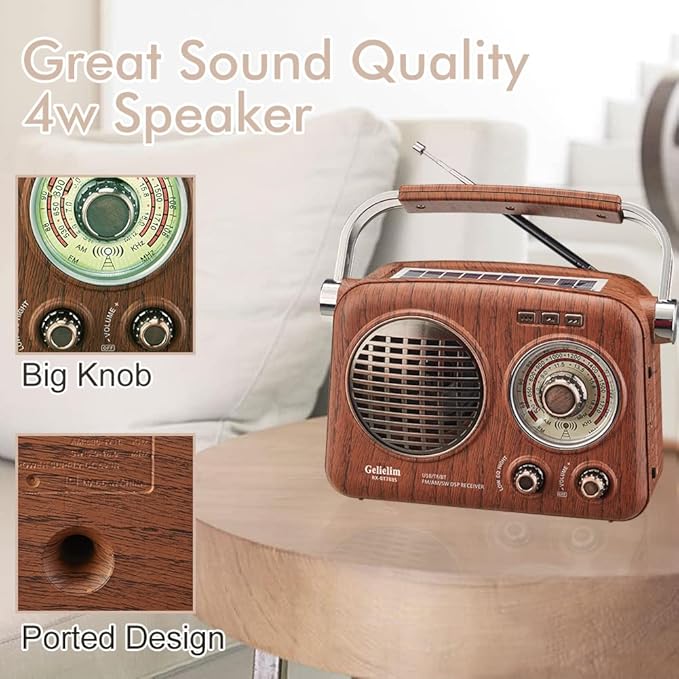 Gelielim Radios Portable AM FM SW,Vintage Radio Bluetooth Speaker with Crystal Clear Sound, Rechargeable Battery Powered, Retro Small Radio with Solar Panel & Flashlight, Gifts for Seniors Elderly