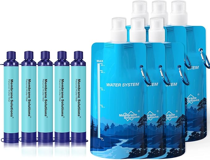 Membrane Solutions Squeezable Water Filtration System, Survival Water Purifier Kit, Portable Backpacking Gear Including Water Filter Straw and 23oz Collapsible Bottle for Hiking Camping Travel(5+6)