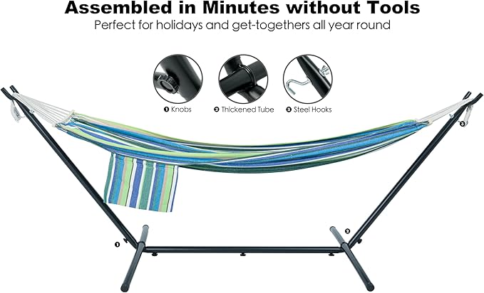 GAFETE Double Hammock with Stand for Outside, Upgraded Spreader Bar, Heavy Duty Space Saving Steel Stand 2 Person, Convenient Pocket, Easy Assembly, 600lbs Weight Capacity, Indoor & Outdoor (Garden)