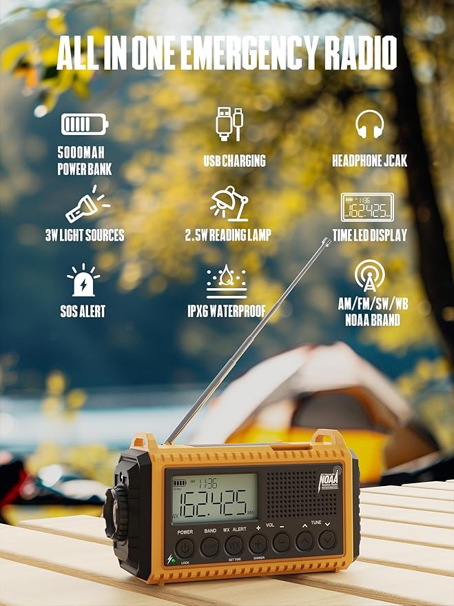 5000 Emergency Weather Radio- Portable Radio AM/FM/SW/NOAA with USB Charger, Rechargeable Battery Powered Solar/Hand Crank Radio with Flashlight, Large Backlit LCD Display, Headphone Jack, SOS Alarm