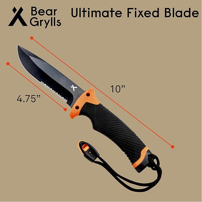 Bear Grylls Ultimate Knife - Fixed Blade Knife, Full Tang with Serrated Edge, Fire Striking Edge, and Emergency Whistle, Includes Sheath - 4.75” Blade, Stainless Steel Blade, Black