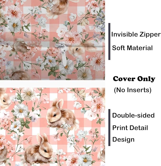 Bunny Throw Pillow Covers 18x18 Set of 2 | Pink Floral Rabbit Cushion Cases | Cute Easter Spring Gingham Decorative Pillow Covers for Couch Sofa Bedroom Girls Room